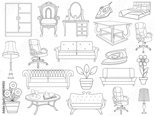 Collection of elegant modern furniture and home interior decorations of trendy. Kitchen, bedroom, sofa table, bookcase closet, chair, mattress, lamps, furniture vector illustration set.