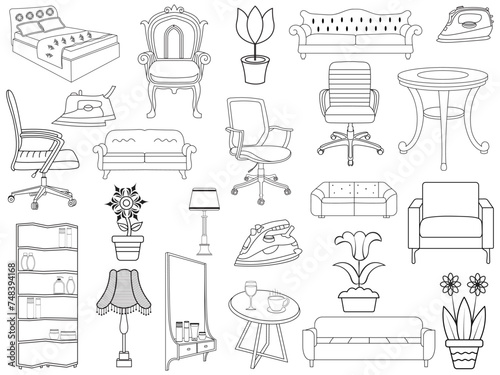 Collection of elegant modern furniture and home interior decorations of trendy. Kitchen, bedroom, sofa table, bookcase closet, chair, mattress, lamps, furniture vector illustration set.