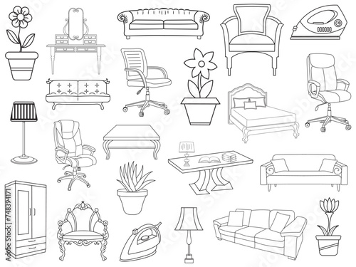 Collection of elegant modern furniture and home interior decorations of trendy. Kitchen, bedroom, sofa table, bookcase closet, chair, mattress, lamps, furniture vector illustration set.