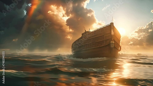 Wide shot of Noahs Ark floating on the great flood with the sun rising in the distance photo