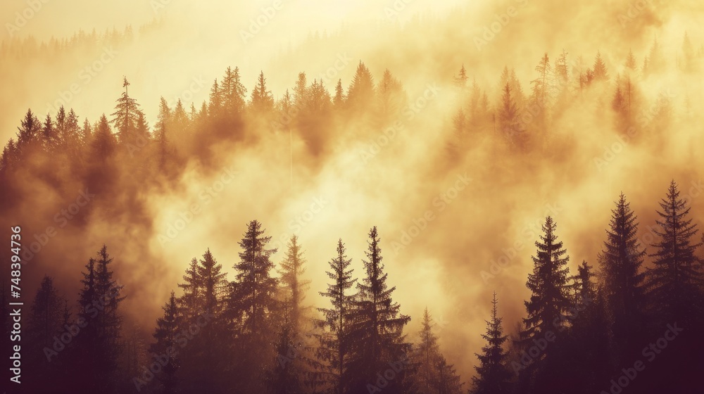 Fototapeta premium Misty landscape with fir forest in vintage retro style generative ai