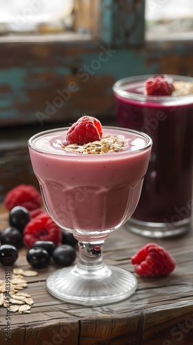 berry smoothie with oatmeal in a glass, horizontal