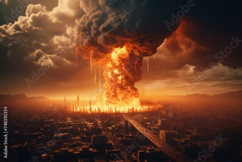 Apocalyptic Nuclear explosion dramatic smoke. Men dictator. Generate Ai