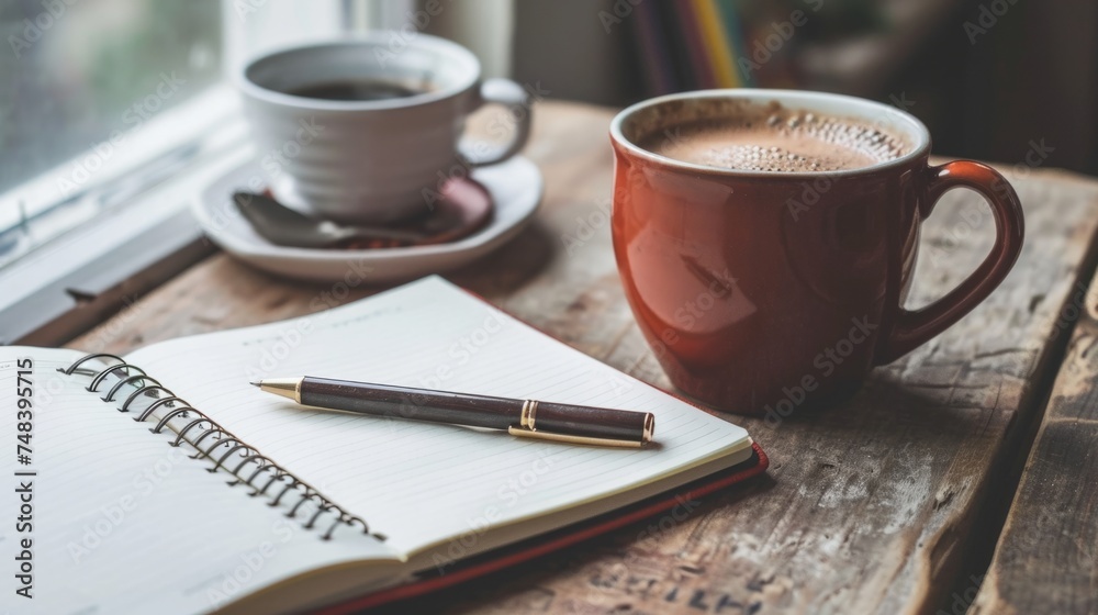 Office desk with a notebook, a pen and a cup of coffee generative ai Office desk with a notebook, a pen and a cup of coffee generative ai