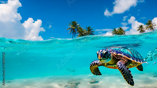 amazing green sea turtle swimming in the ocean, under and above sea view © Ellen