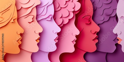 Paper art style illustration of women silhouettes, women days background.