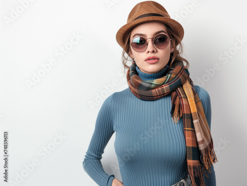 Fashionable woman in blue golf turtleneck effortlessly styles her look with hat, scarf, and sunglasses. She exudes confidence against a white background.