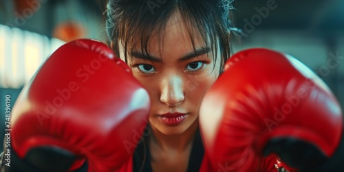 Asian boxer girl with red boxing gloves ready to fight in gym. photo