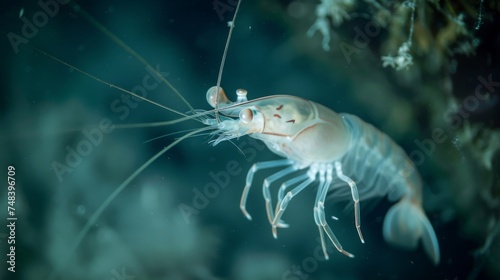 Through the murky depths a ghostly white shrimp navigates the hydrothermal vent ecosystem. Its elongated body and tiny eyes showcase the unique adaptations this creature has