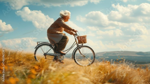 Grandma riding a bicycle, hurtling up the hill, motocos © 2D_Jungle
