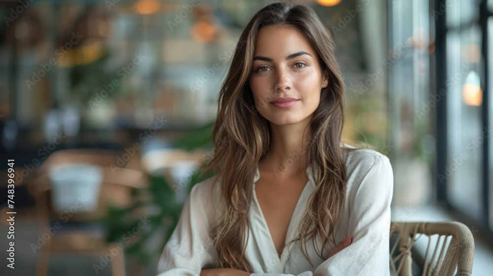 Female business expert sitting on a chair and looking at the camera wit confidence Female business expert sitting on a chair and looking at the camera wit confidence