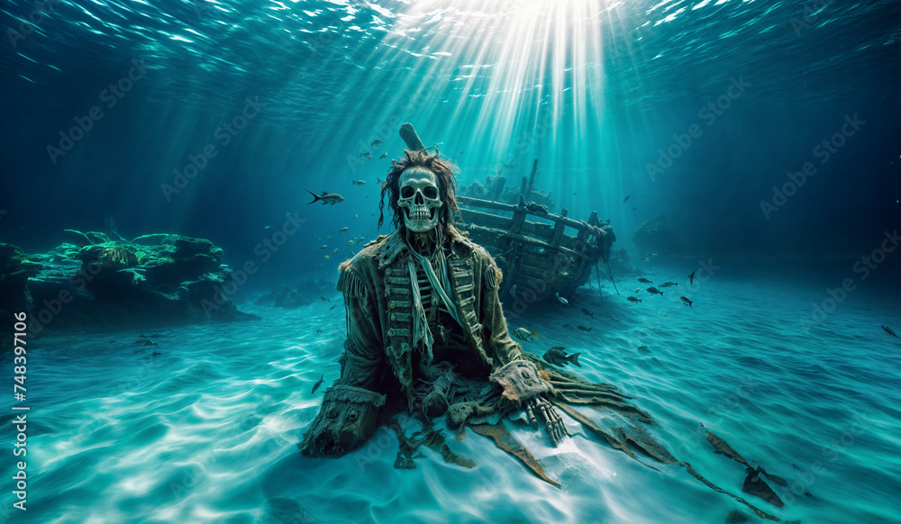 Well dressed Pirate skeleton with dreadlocks resting underwater on the sandy ocean bottom near a shipwreck as sunrays penetrate the clear blue water - obrazy, fototapety, plakaty 