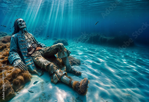 The skeleton of a well dressed pirate captain resting at the bottom of the ocean near his ship in an atmospheric underwater widescreen landscape scene	
 photo