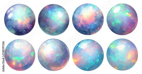 Round-shaped opal rhinestone watercolor illustration material set photo