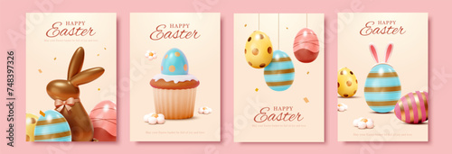 3D Easter template set with painted eggs isolated on pink background.