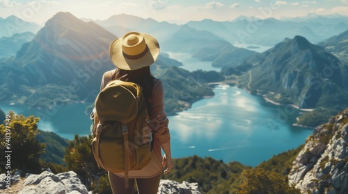 woman with a hat and backpack looking at the mountains and lake from the top of a mountain in the sun light, with a view of the mountains	