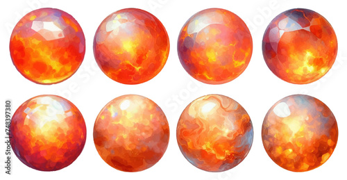Round-shaped fire opal rhinestone watercolor illustration material set