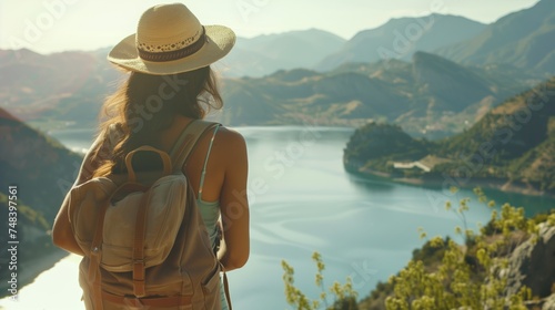 woman with a hat and backpack looking at the mountains and lake from the top of a mountain in the sun light, with a view of the mountains	 photo