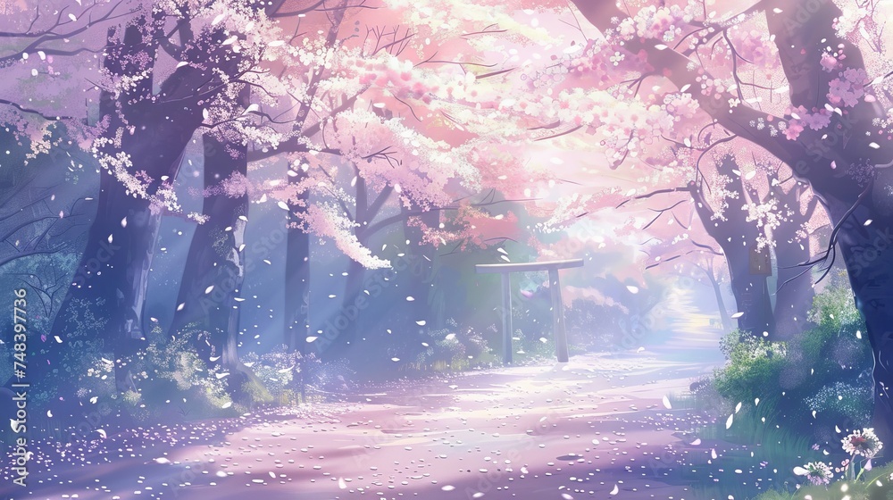 Peaceful Garden with Cherry Blossoms Anime Background