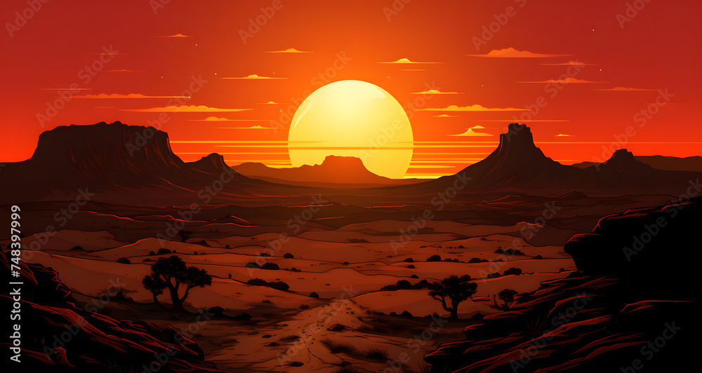 a scene with the sun rising over a vast landscape