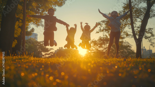 an asian family jumping in joy in the park during a beautiful sunrise, backlight. photo