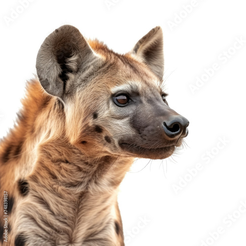 close up of a female spotted hyena isolated on white