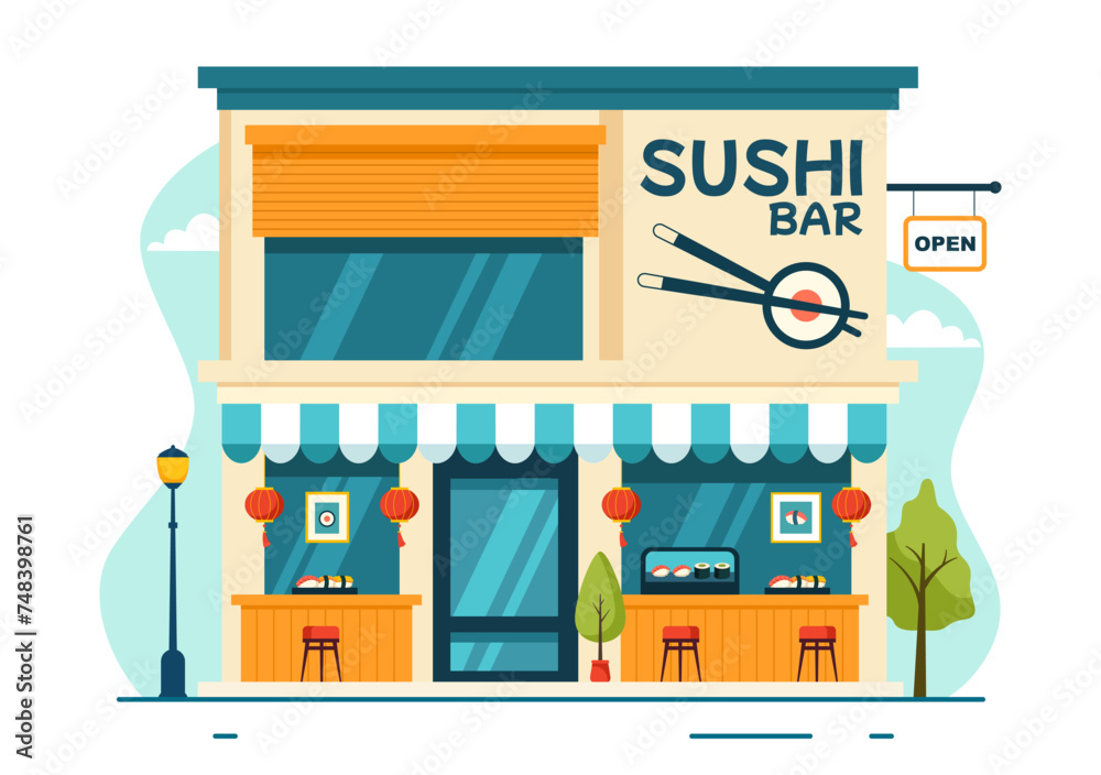 Sushi Bar Vector Illustration of Japan Asian Food or Restaurant of Sashimi and Rice for Eating with Soy Sauce and Wasabi in Flat Cartoon Background Sushi Bar Vector Illustration of Japan Asian Food or Restaurant of Sashimi and Rice for Eating with Soy Sauce and Wasabi in Flat Cartoon Background