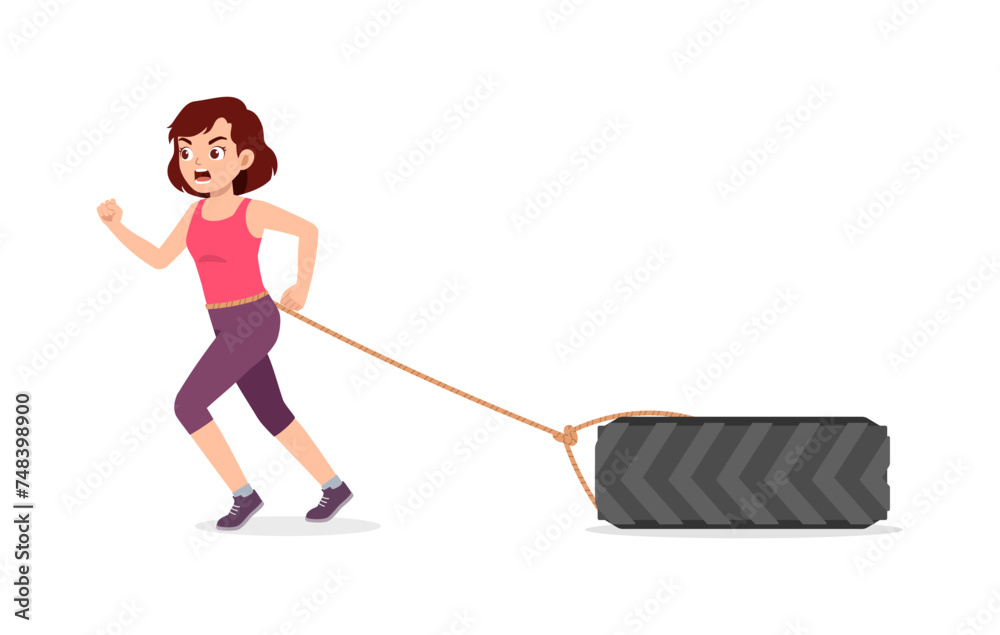happy young sporty woman running and pulling wheel happy young sporty woman running and pulling wheel