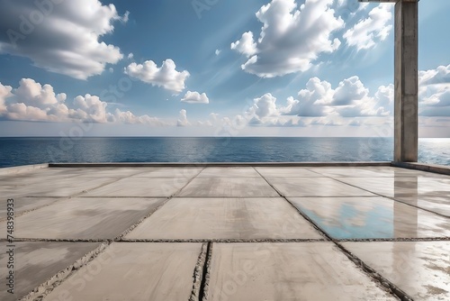 rendering of sea view plaza with clear sky background.