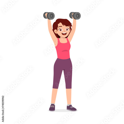 happy young sporty woman doing barbell lifting