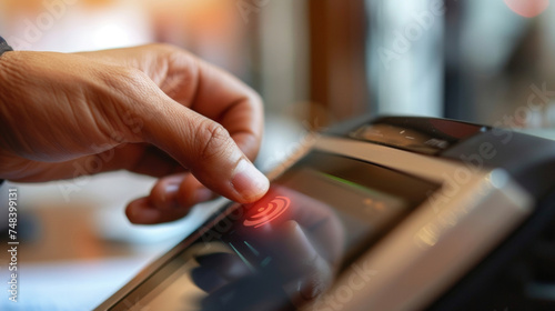 A persons hand selecting a twofactor authentication od such as a key fob or security question to further secure their access to the records system.