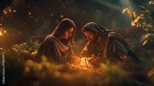 Pushing towards Joseph and Mary looking at baby Jesus in a nativity scene