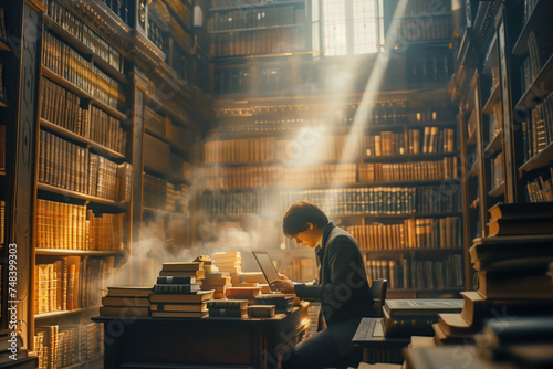 Scholar Immersed in Research Amidst the Dusty Shelves of an Old Library