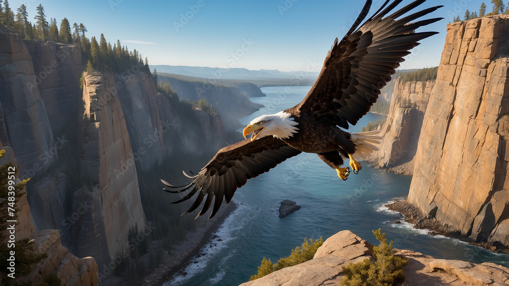 Fototapeta premium Early morning light a bald eagle glides towards a cliffside, its wings outstretched as it expertly navigates the gusts of wind