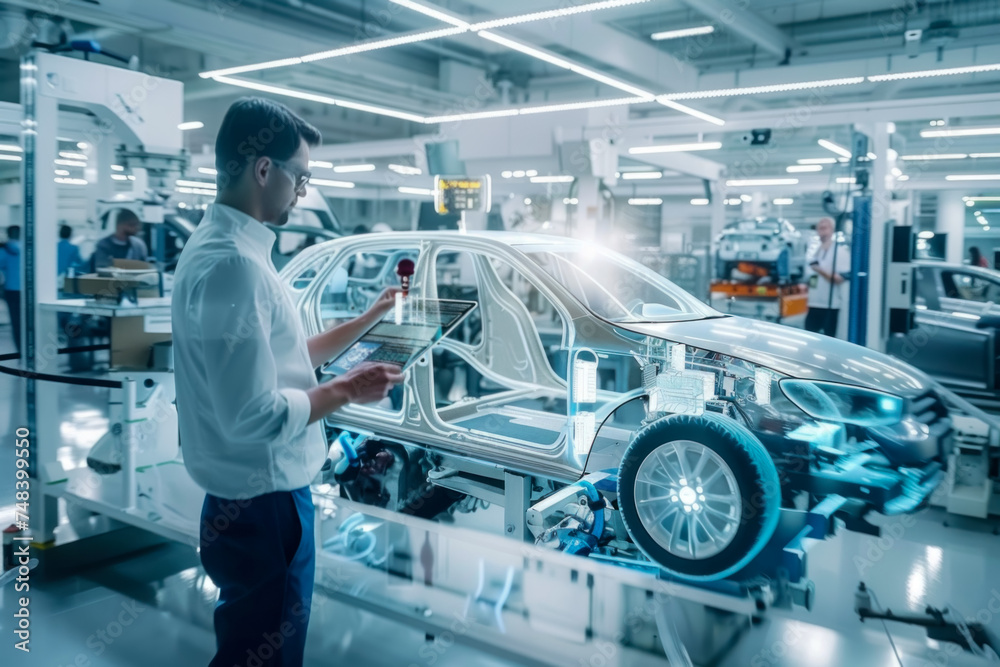 Engineer Inspecting Automobile Assembly at Modern Vehicle Manufacturing Plant