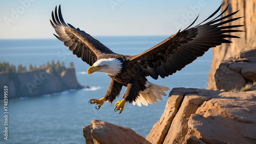 Early morning light a bald eagle glides towards a cliffside, its wings outstretched as it expertly navigates the gusts of wind