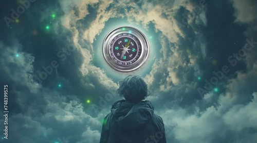 Person and whirl clouds with compass. Seamless looping time-lapse video animation background photo