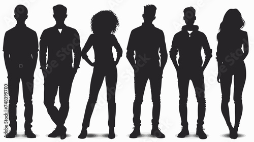 A black silhouette of a woman and a man standing among a group of businesspeople on a white backdrop