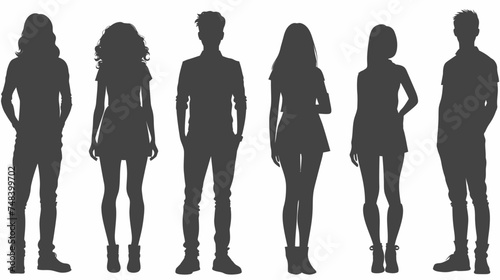 A black silhouette of a woman and a man standing among a group of businesspeople on a white backdrop