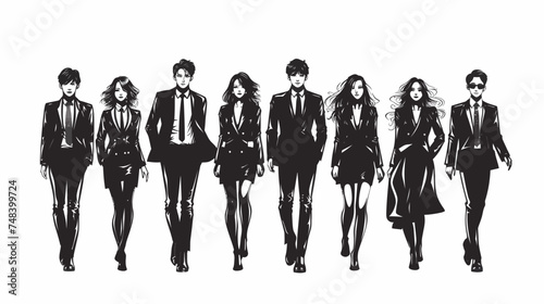 A black silhouette of a woman and a man standing among a group of businesspeople on a white backdrop