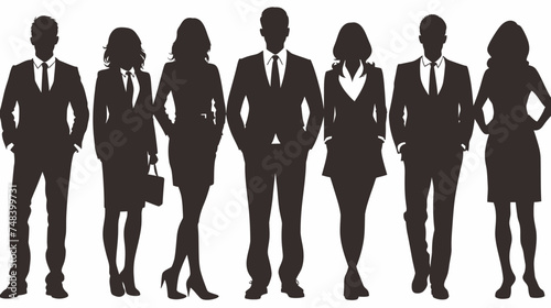 A black silhouette of a woman and a man standing among a group of businesspeople on a white backdrop