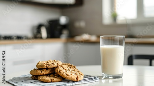 Cookies and glass of milk on the table in a modern kitchen generative ai photo