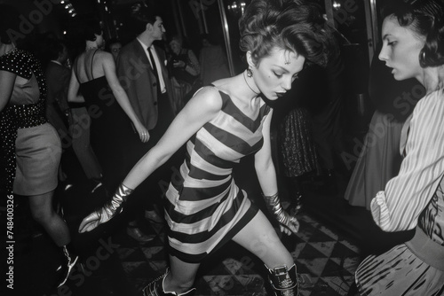 Energetic Woman Dancing in Striped Dress at a Retro-Themed Black and White Party