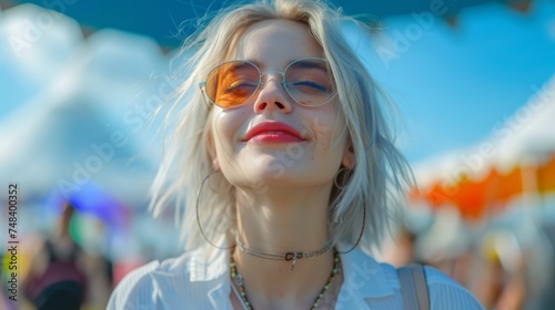 Portrait of fashionable blond european blond woman in pink sunglasses with cute hairstyle and enjoying sunny day in the city street. © Nataliya