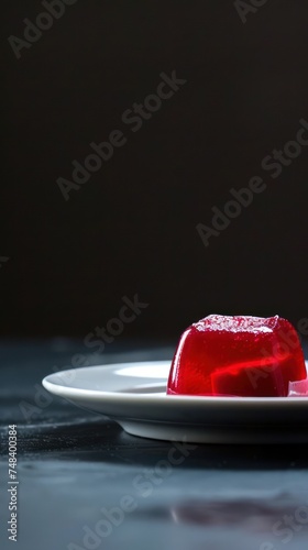 Red jelly on a white plate on a dark background, selective focus photo