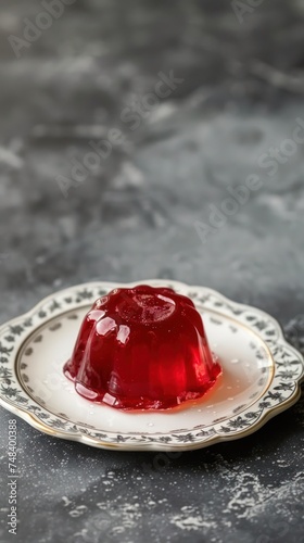 Homemade red jelly in a plate on a gray surface. Selective focus. photo