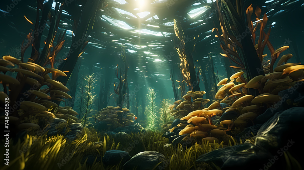 Seaweed and natural sunlight underwater seascape in the ocean - obrazy, fototapety, plakaty 