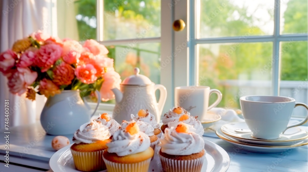 Sunny Window Tea Time.A serene tea setting by a sunny window with cupcakes and a bouquet of peonies.