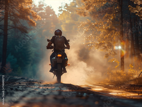 A man in a helmet rides an enduro off-road motorcycle through a forest at sunrise, embodying travel freedom. The image features space for text, a glowing effect, and a blurred background.