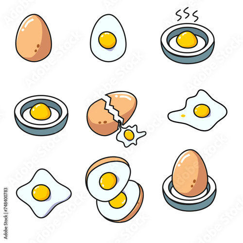 Vector illustration set of fresh eggs, fried eggs, boiled eggs in flat style isolated on white background.